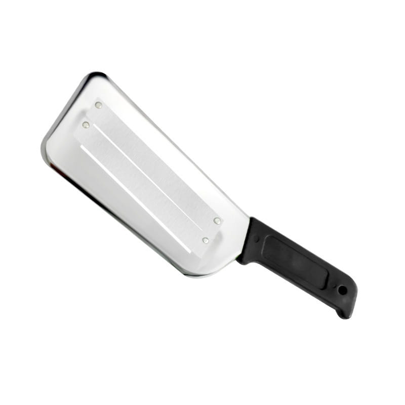 Silver stainless steel meat cleaver with black plastic handle as a vegetable shredder stainless steel slicer tool.