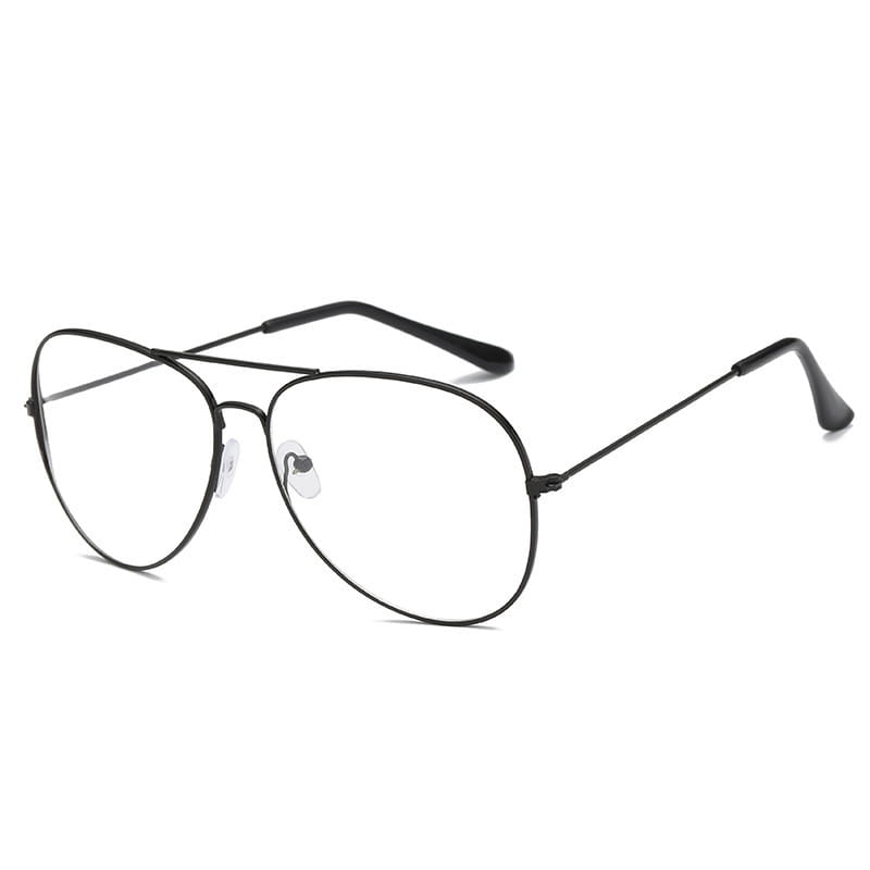 Black metal aviator sunglasses with clear lenses and uv protection featuring a sleek minimalist unisex design.