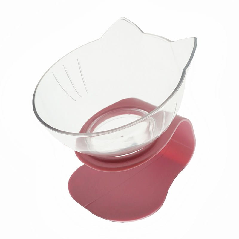 Elevated cat bowl tilted 15 degree double feeder stand featuring a clear cat-shaped bowl with molded ears and subtle whisker lines resting on a pink silicone base.