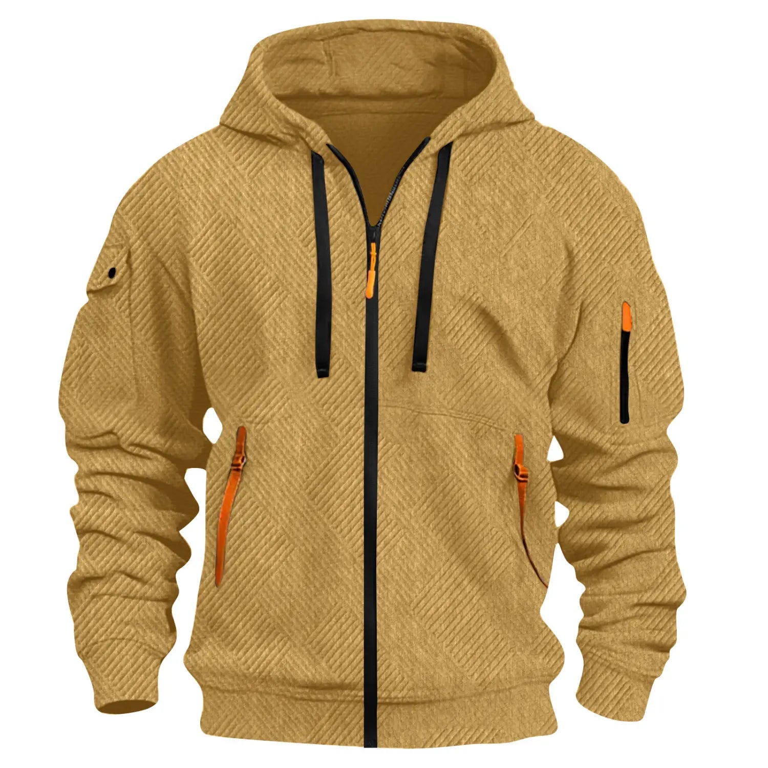 Men’s tan textured sporty zip hoodie with herringbone texture, black zipper and drawstrings, and orange zippers on the pockets.