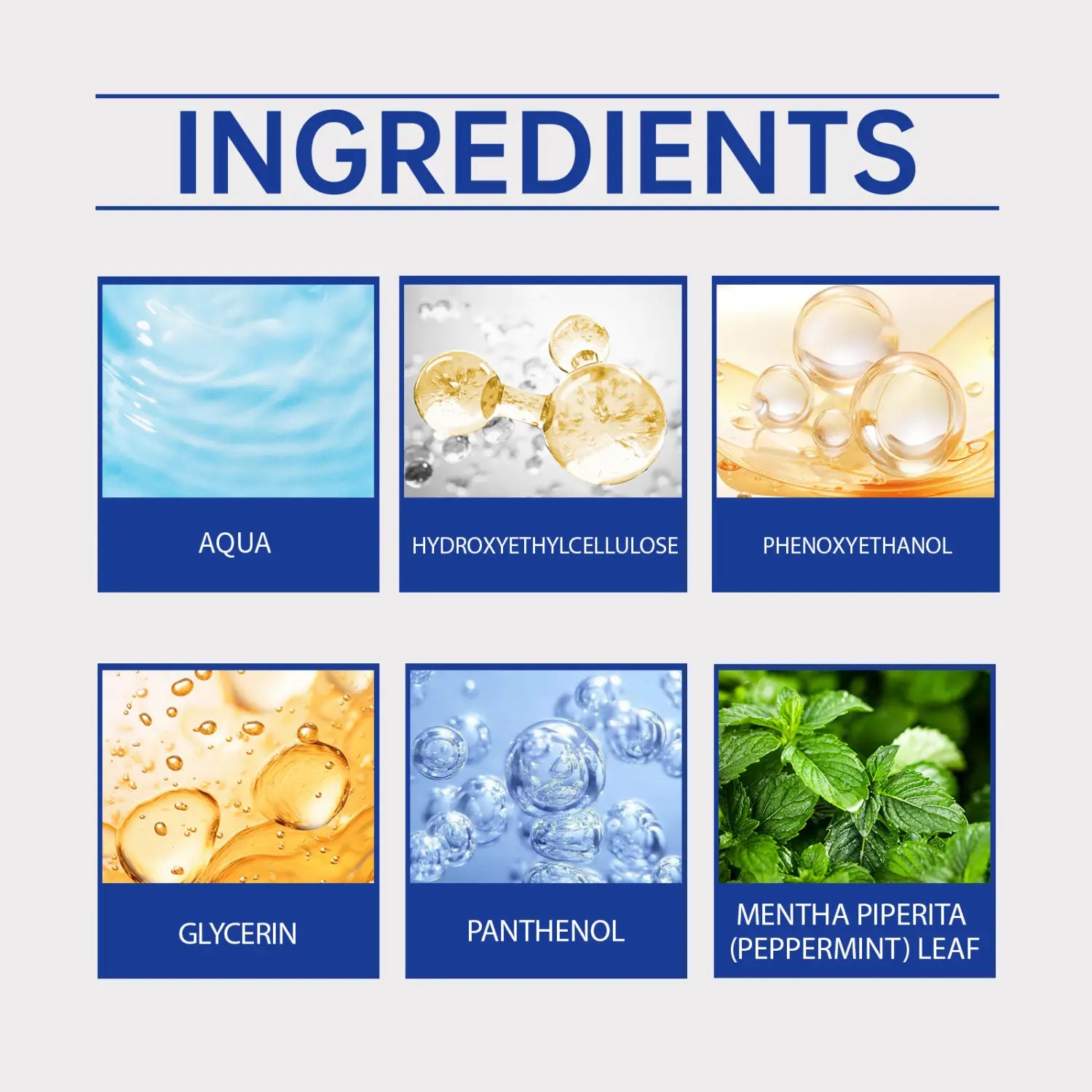 The image displays a clean minimalist infographic of scalp cooling hair ampoule vitamin B5 repairing essence with six rectangular panels arranged in two rows of three.