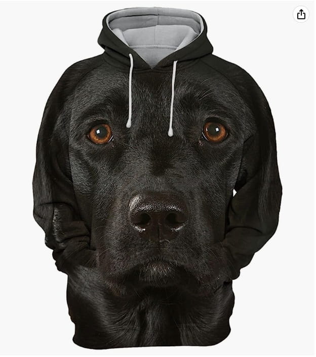 Sweat à capuche noir, avec un portrait détaillé imprimé en 3D d’un Labrador retriever noir aux yeux bruns, et des cordons de serrage blancs, pour un sweat à capuche pull-over avec graphique de portrait de chien en 3D.