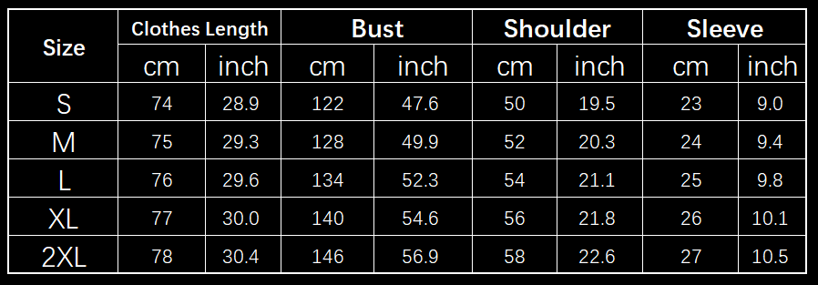 The table displays a size chart for the men’s casual textured short sleeve button down shirt listing measurements in centimeters and inches from size s to 2xl.