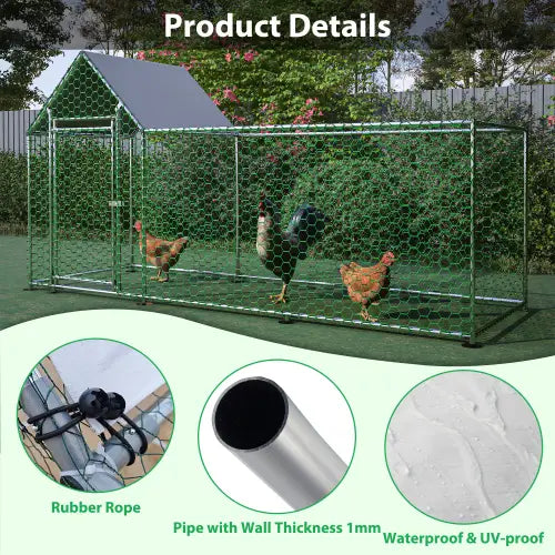 green galvanized metal chicken coop with slanted roof and wire mesh sides for poultry habitat and run