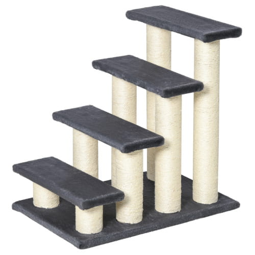 Pawhut 4-step cat stairs and sisal scratching post featuring a black and cream-colored cat tree with four ascending platforms supported by sisal-wrapped posts.