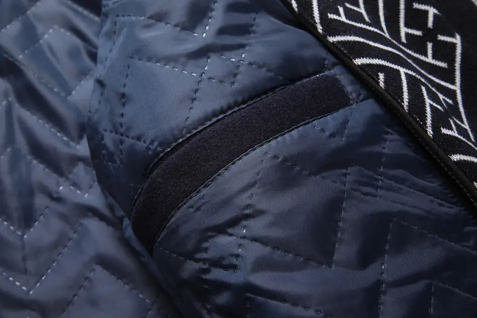 men thickened trench coat double collar woolen outerwear featuring a dark blue quilted jacket with a black elastic band and white geometric pattern on the shoulder