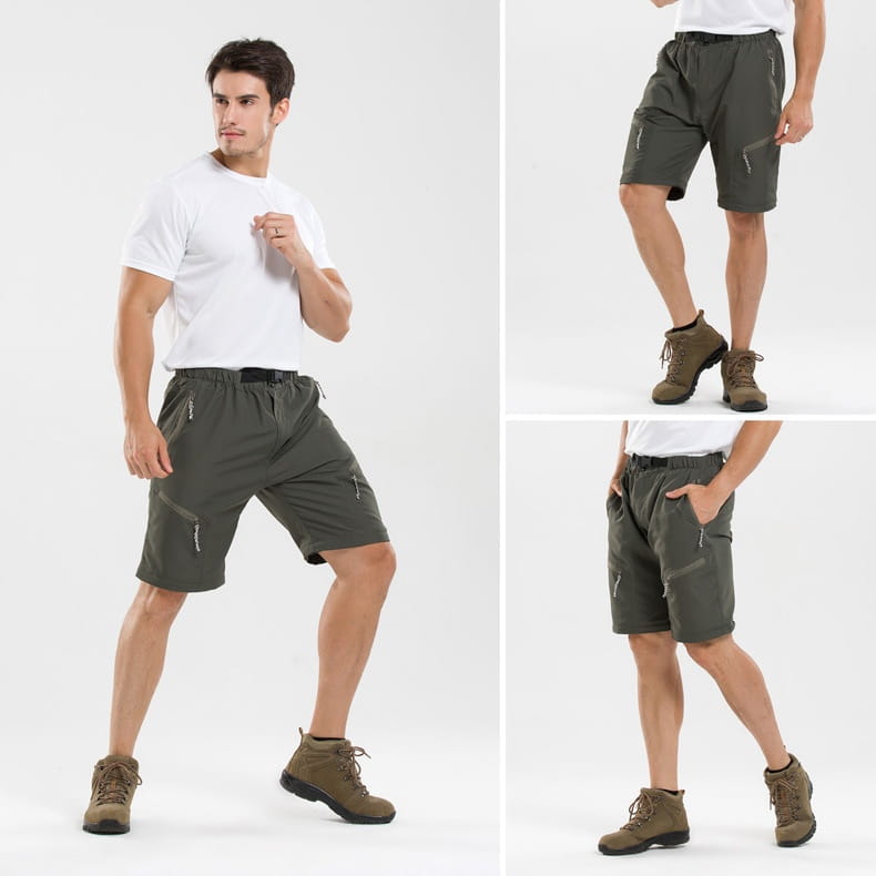 olive green cargo shorts with multiple zippered pockets and a drawstring waistband designed as convertible tactical hiking pants for outdoor use