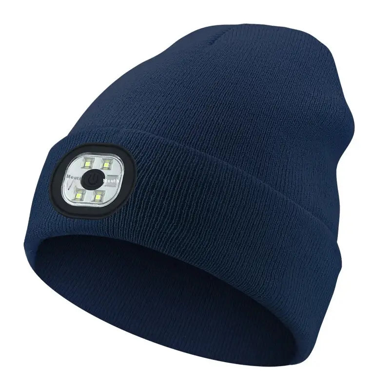 Navy blue knit led bluetooth beanie hat with a built-in rechargeable washable led headlamp on the front.