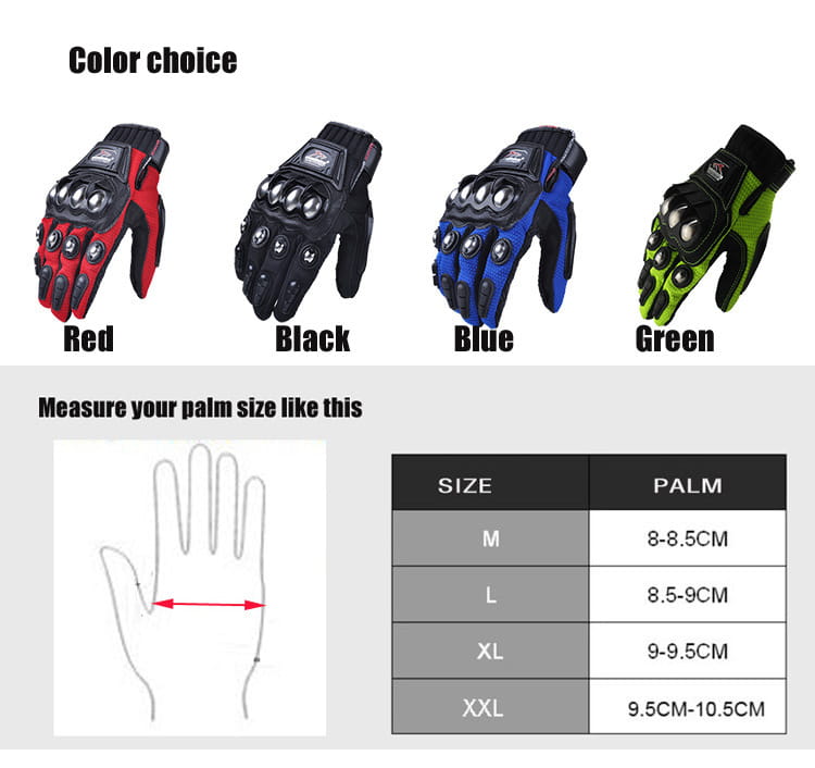 alloy knuckle motorcycle riding gloves unisex shown from the back in red black blue and green with reinforced knuckle protection for enhanced safety.