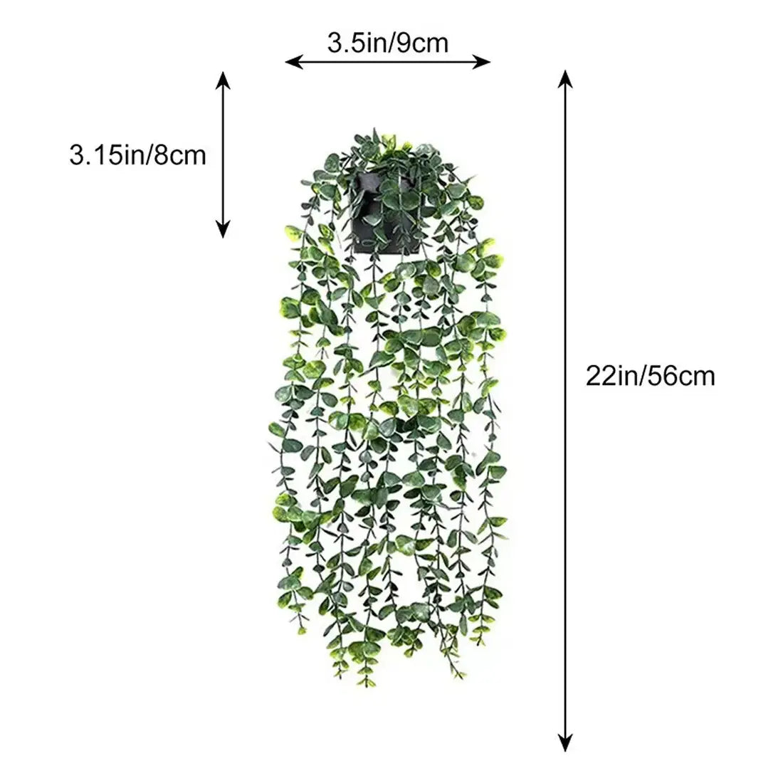 Green artificial eucalyptus vine hanging plant in a black pot from the artificial hanging plants 3 pack fake trailing greenery collection.