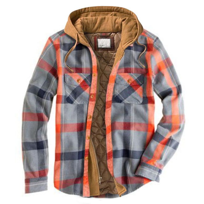 Men quilted plaid hooded jacket featuring an orange gray and navy plaid flannel exterior with a quilted tan interior lining.