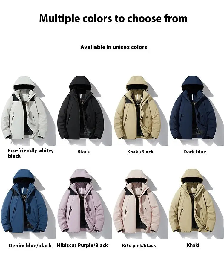 Unisex windproof waterproof puffer jacket shown from the back available in multiple colors including eco-friendly white black, black, khaki black, dark blue, denim blue black, hibiscus purple black, kite pink black, and khaki.