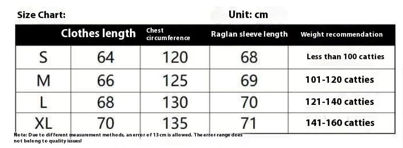 Size chart for women’s relaxed oversized cotton blend pullover sweatshirt showing measurements in centimeters and weight recommendations for sizes S to XL.
