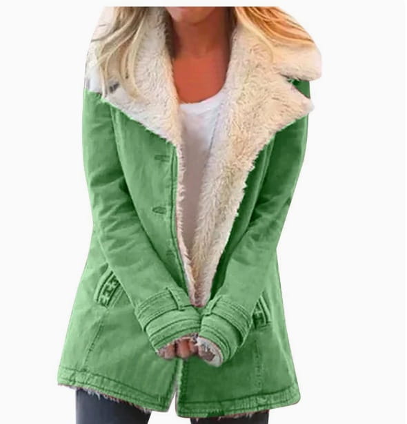 Green denim plush lapel cotton coat for women with a cream-colored shearling-lined hood and cuffs.