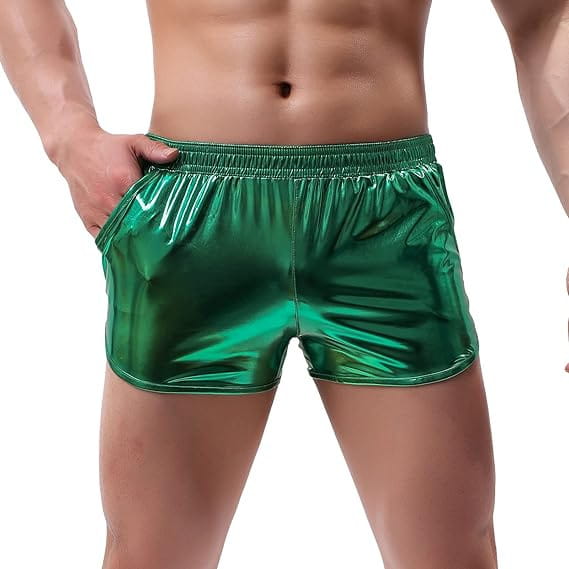 Mens shiny metallic casual shorts in emerald green with a shiny metallic finish and elastic waistband.