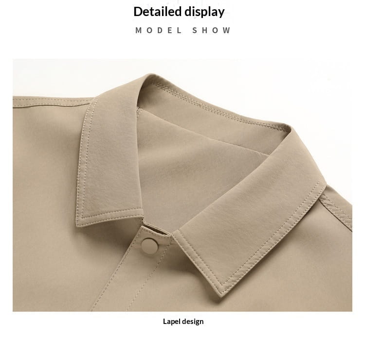 beige lapel utility jacket collar with neat stitching and single button closure featuring checkered lining for men.
