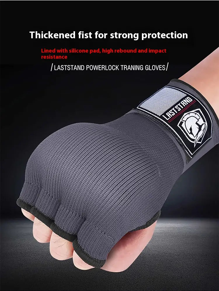 Gray knitted gel boxing hand wrap glove with black trim and branded wrist strap shown from the back side for fitness and training use.