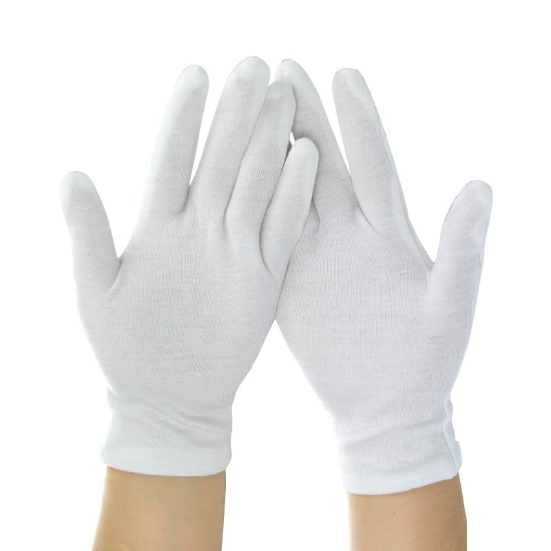 men’s white cotton work gloves with a snug fit and reinforced fingertips shown from the back side