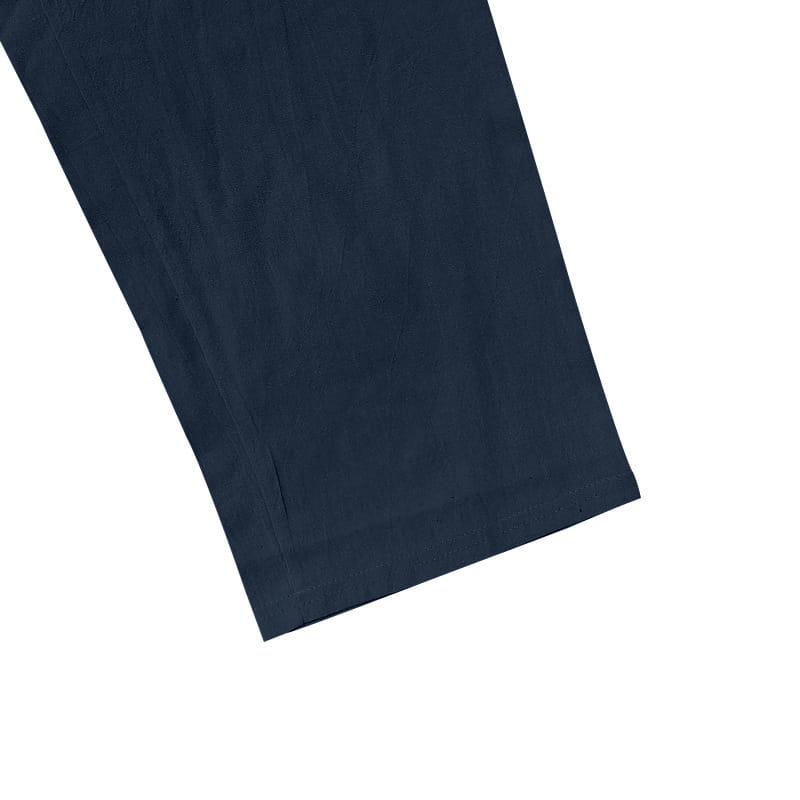 dark navy blue men’s linen joggers casual drawstring pants featuring a smooth slightly textured fabric pant leg with a neatly finished hem
