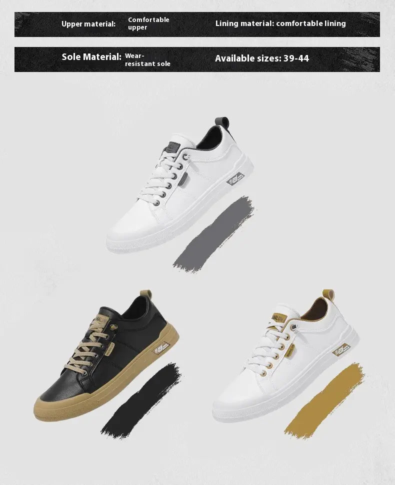 Men’s white minimalist leather casual sneakers with black laces, tan rubber sole, and gold-tone branding on the tongue.
