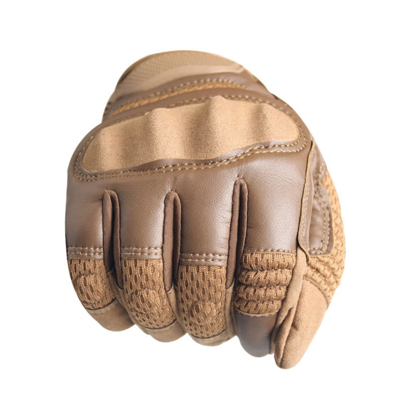 Tactical gloves reinforced tan with leather palms and breathable mesh on the fingers showing the back side of the glove.