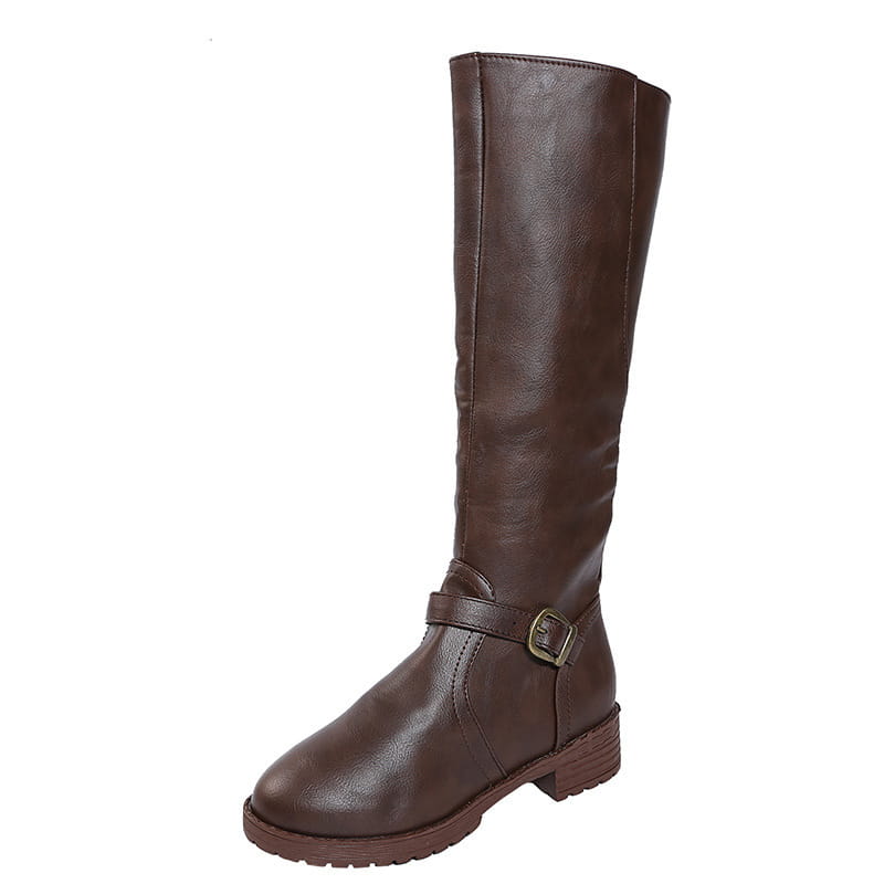 Brown faux leather leather knee high knight boot with buckle strap and low block heel shown from the back side