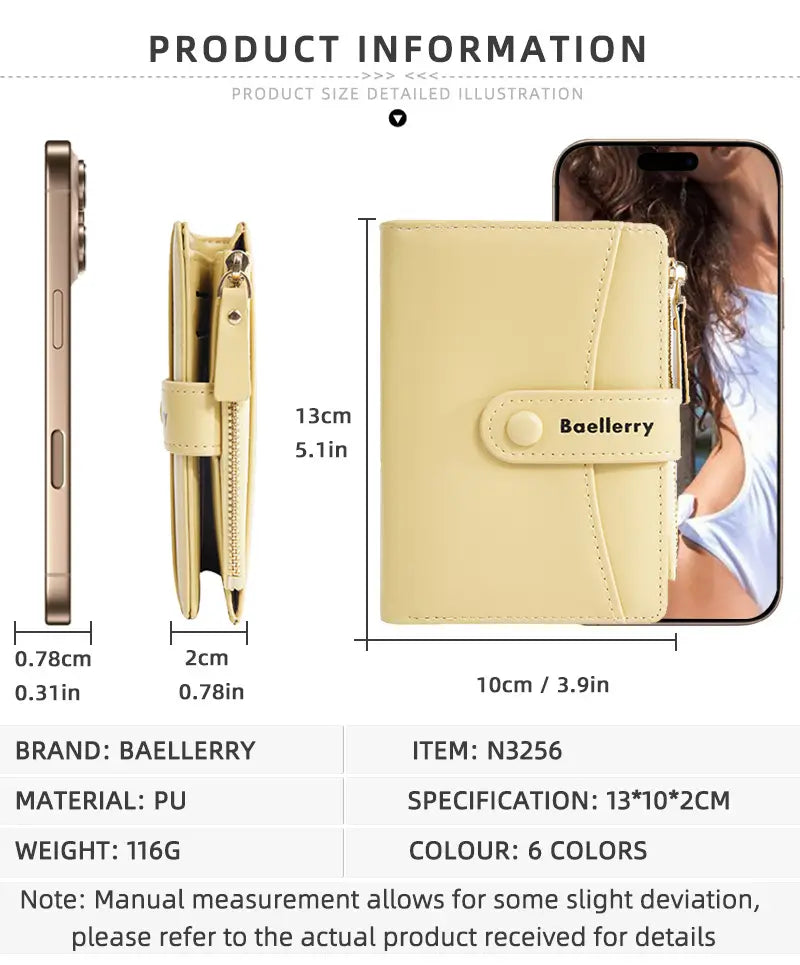 Cartera compacta Beaillery n3256 para mujer en cuero PU amarillo pálido, con diseño minimalista, solapa frontal y cierre con botón.
