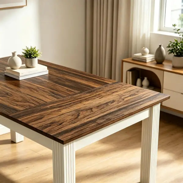 Un escritorio ejecutivo de oficina de 62 pulgadas de madera blanca y marrón con sobre rectangular de madera color marrón oscuro que presenta patrones de veta pronunciados y patas pintadas de blanco con molduras verticales.