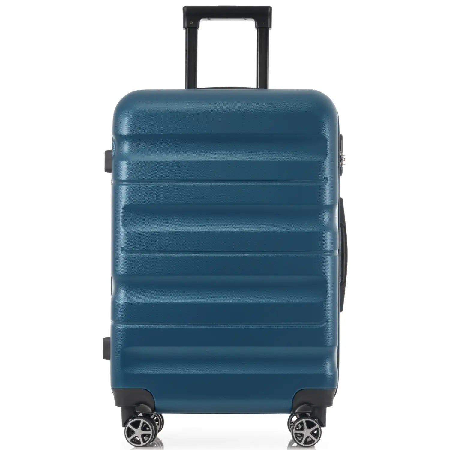 Teal abs hardshell suitcase with horizontal ridges black telescoping handle and spinner wheels from the inky blue 12 piece luggage set.