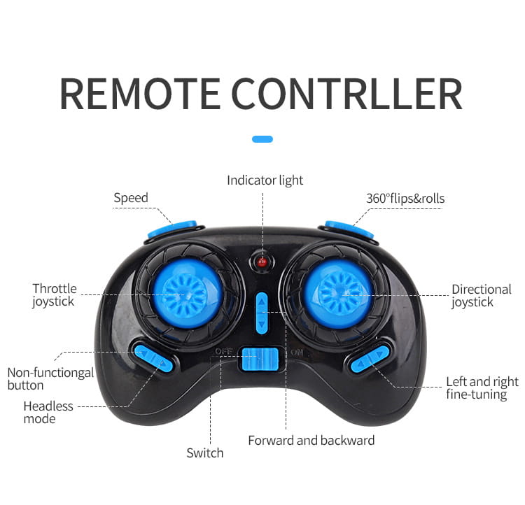 Control remoto de color negro y azul para el dron planeador volador RC 3 en 1 para tierra, agua y aire, con dos palancas, una luz indicadora central y botones con etiquetas para el control de velocidad y el movimiento direccional.