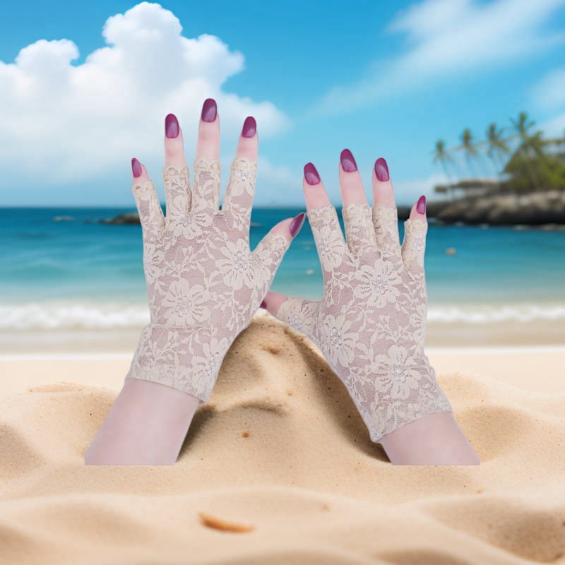 Beige floral lace fingerless gloves with a delicate semi-transparent design for sun protection for women.