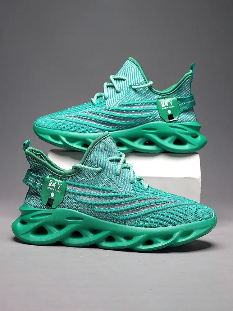 Vibrant green flyknit mesh platform running shoes for men with bold sculpted rubber sole and matching laces.