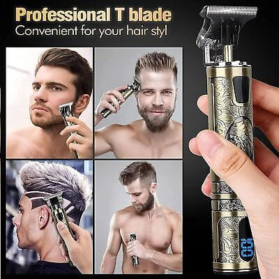 antique brass-finished professional gold t blade electric hair trimmer for men with intricate engraved patterns and digital display