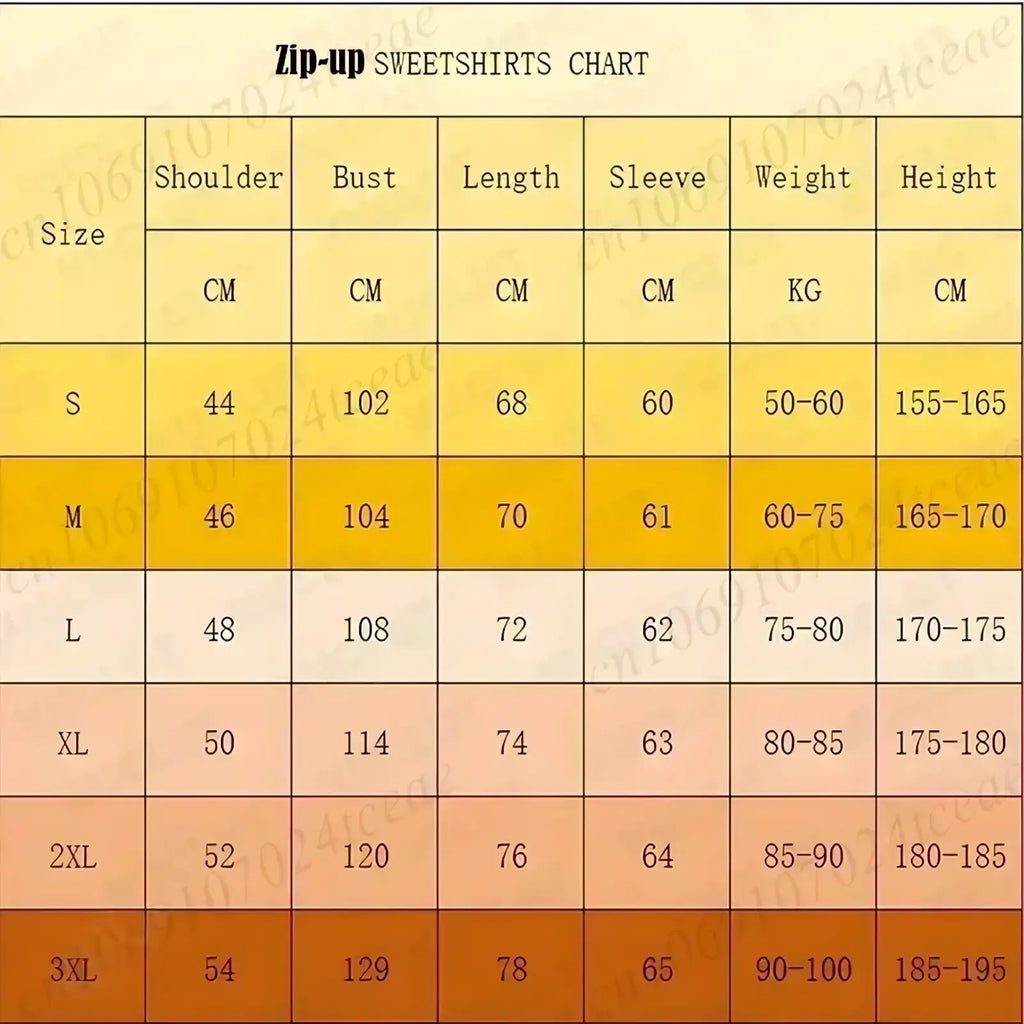 Size chart for Dear Person Behind Me zip up hoodie with gradient orange beige rows showing measurements from S to 3XL