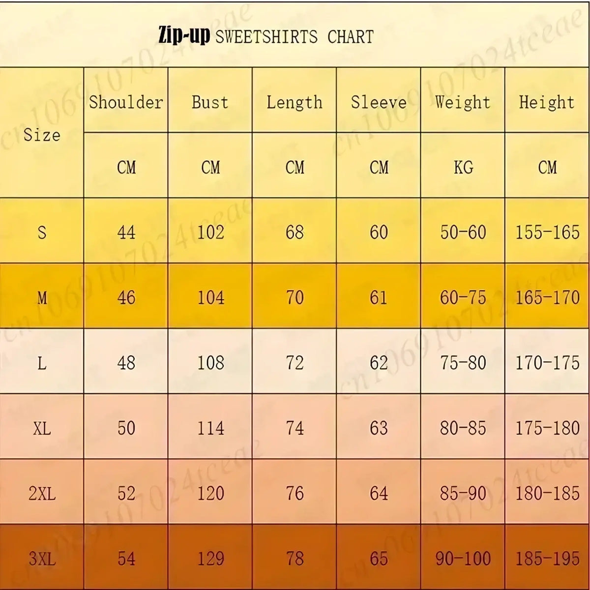 Size chart for Dear Person Behind Me zip up hoodie with gradient orange beige rows showing measurements from S to 3XL