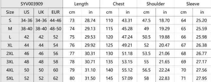 Größentabelle für den Syvo03909-Pullover mit Angaben zu US- und UK-/EU-Größen sowie den entsprechenden cm- und Zollmaßen von S bis 5XL für ein blaues Leinenhemd mit langen Ärmeln für Herren.