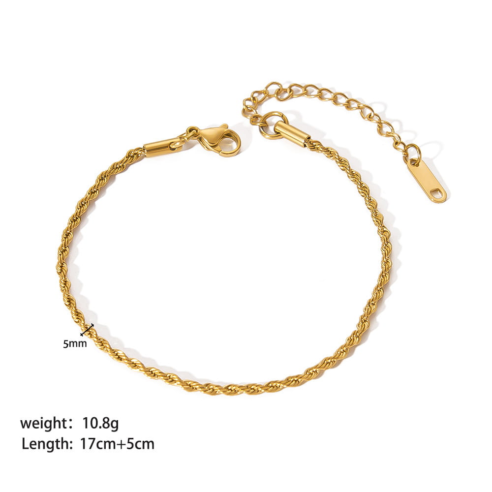 18k gold pvd plated stainless steel chain link bracelet featuring a gold-toned rope chain with lobster clasp and adjustable extension.