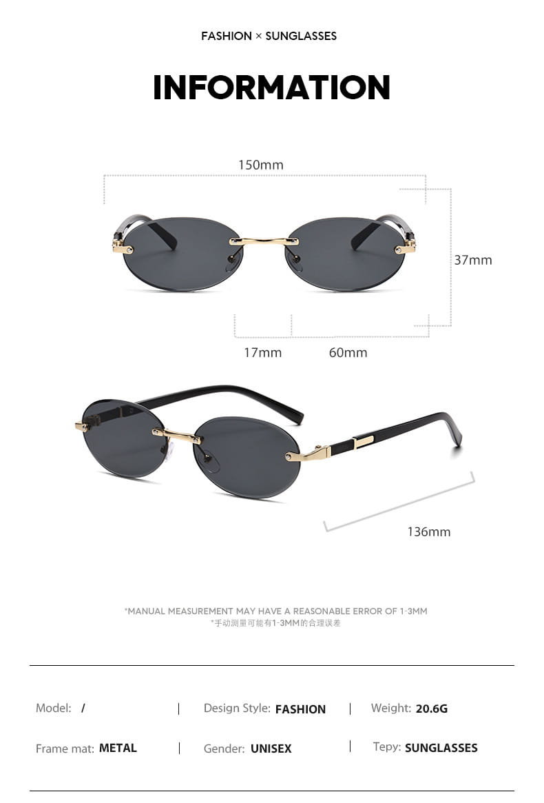 Gold-toned metal-framed frameless oval UV400 fashion sunglasses with dark gray lenses and black temple arms.