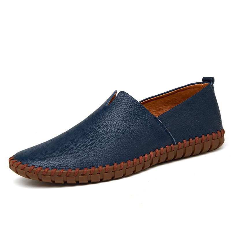 Men’s breathable navy blue perforated leather driving loafers with brown stitched sole and lining in large sizes.