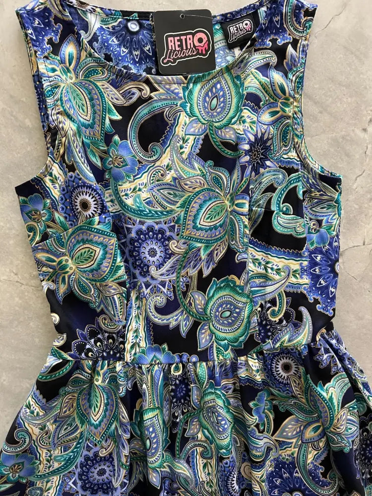Vintage paisley deco floral midi dress sleeveless with vibrant blue green black paisley pattern and retro liquor brand tag