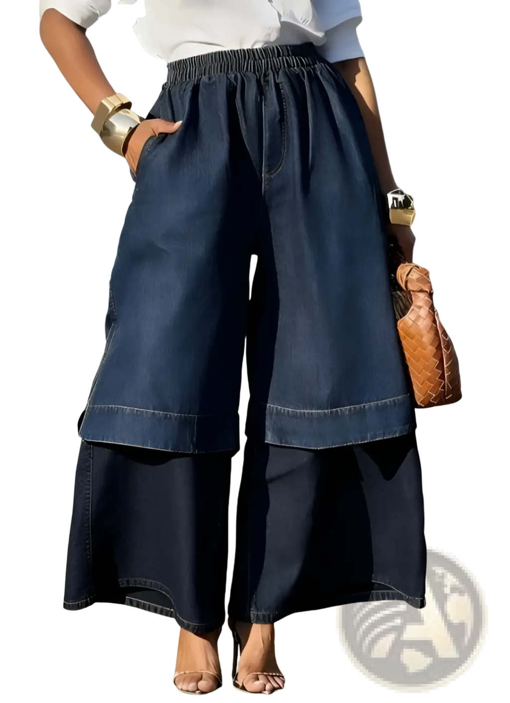 Dark blue denim deconstructed wide leg pants with elastic waistband and layered two-piece design