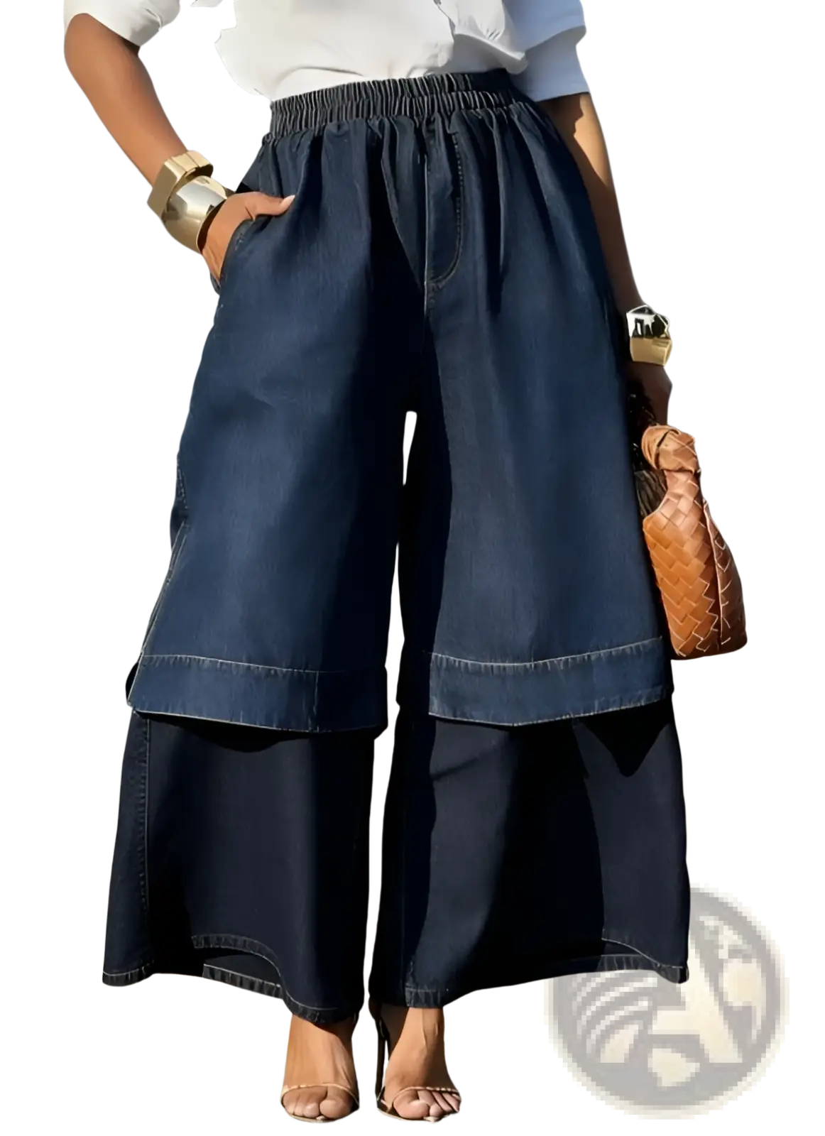 Dark blue denim deconstructed wide leg pants with elastic waistband and layered two-piece design
