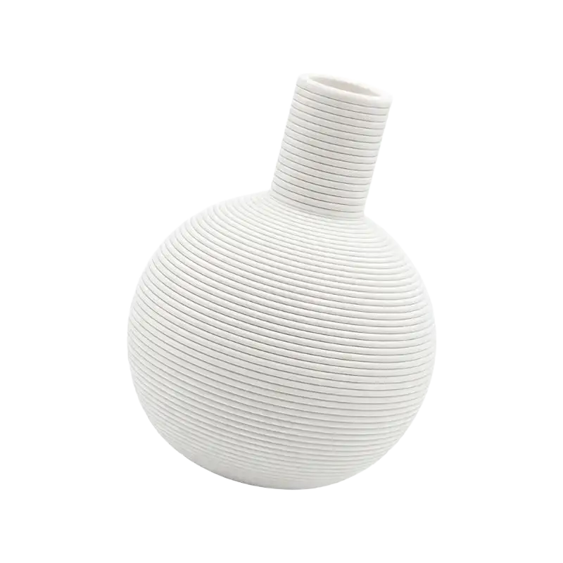 White decorative ceramic vase with rounded body and ribbed texture ideal as 1piece decorative flower pot