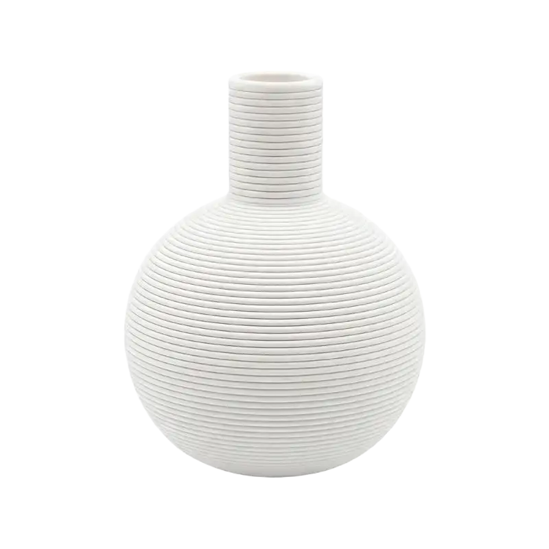 White ceramic decorative ceramic vase with rounded body and ribbed texture for elegant flower display