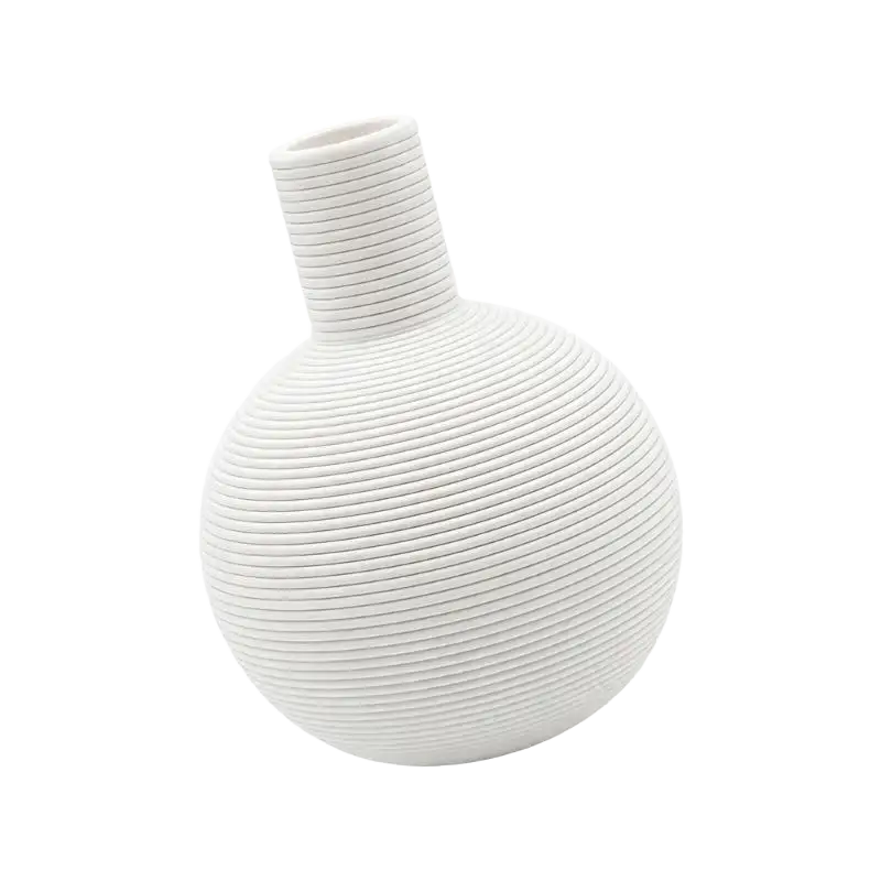 White decorative ceramic vase with rounded body and ribbed texture 1piece decorative ceramic flower pot