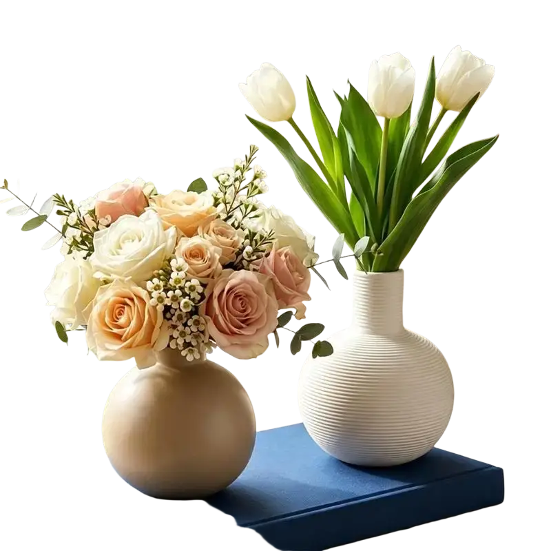 Two decorative ceramic vases one beige smooth and one white ribbed each holding fresh flowers in 1piece decorative ceramic set