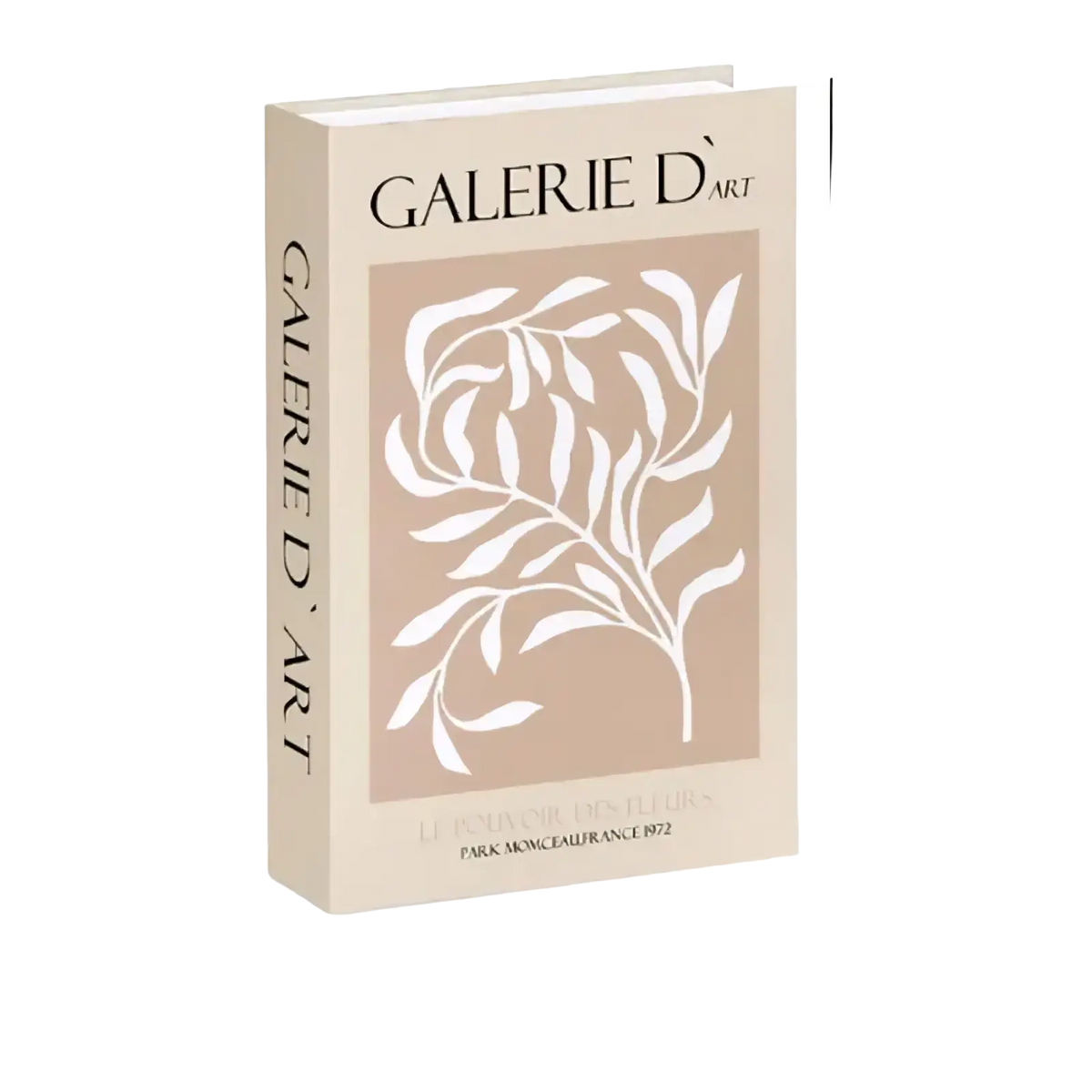 Beige book-shaped decorative box with white leafy branch design and galerie d’art print for coffee table decor