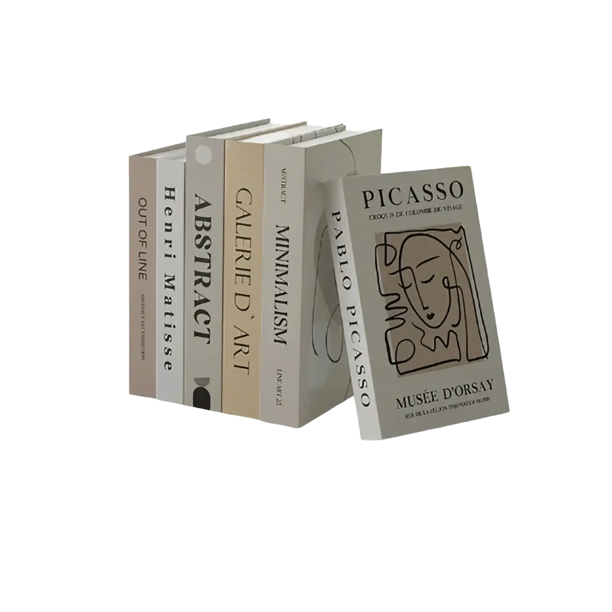 A set of minimalist faux books with beige white and gray spines featuring black text and abstract line art for coffee table decor