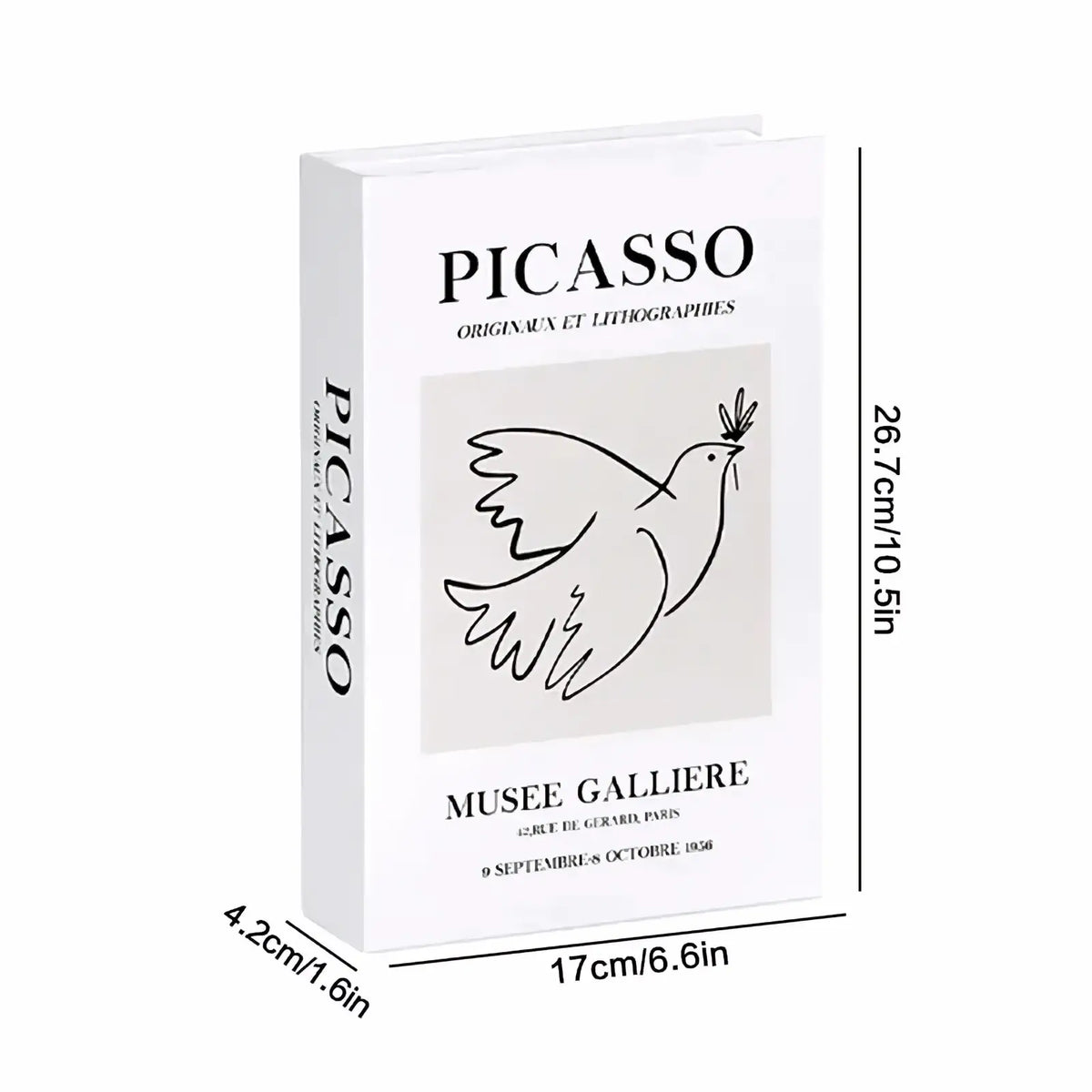 White rectangular decorative fake book featuring minimalist black line drawing of a dove with olive branches for coffee table decor
