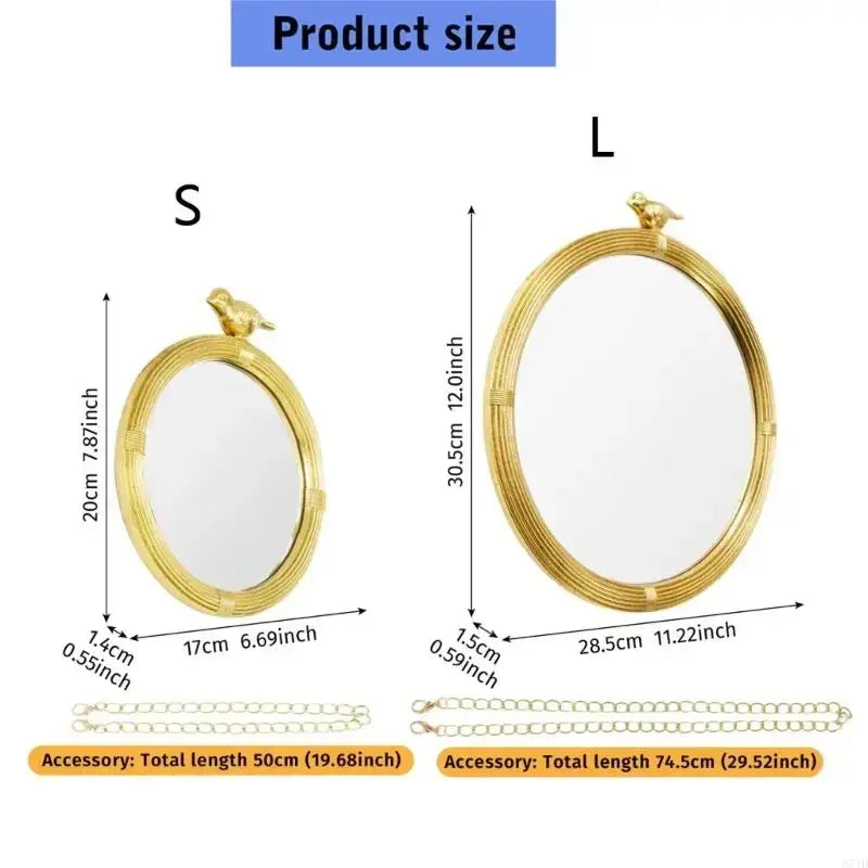 Gold-toned decorative mirrour with a woven resin frame and bird figurine for interior wall decor